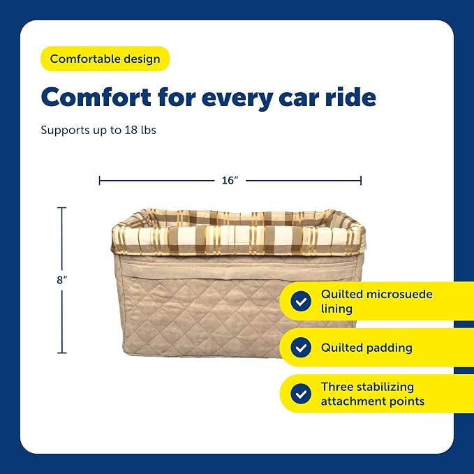 PetSafe Happy Ride Quilted Dog Booster Seat, Tan, Up to 25 lb | Raises Small Dogs to Window Height In Most Cars, Connects to Seatbelt with Safety Tether, Fleece Liner Is Machine Washable