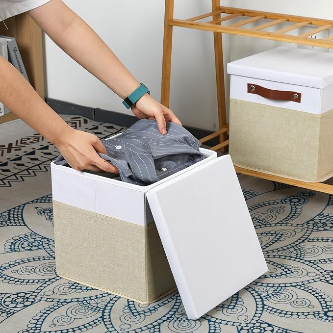 Temary Foldable Fabric Storage Bins with Lids, 2-Pack Storage Bin for Organizing Living Room, Closet Organization, Multi-Purpose Storage Boxes for Clothes (White&Khaki, 10.5x10.5x10.5in)