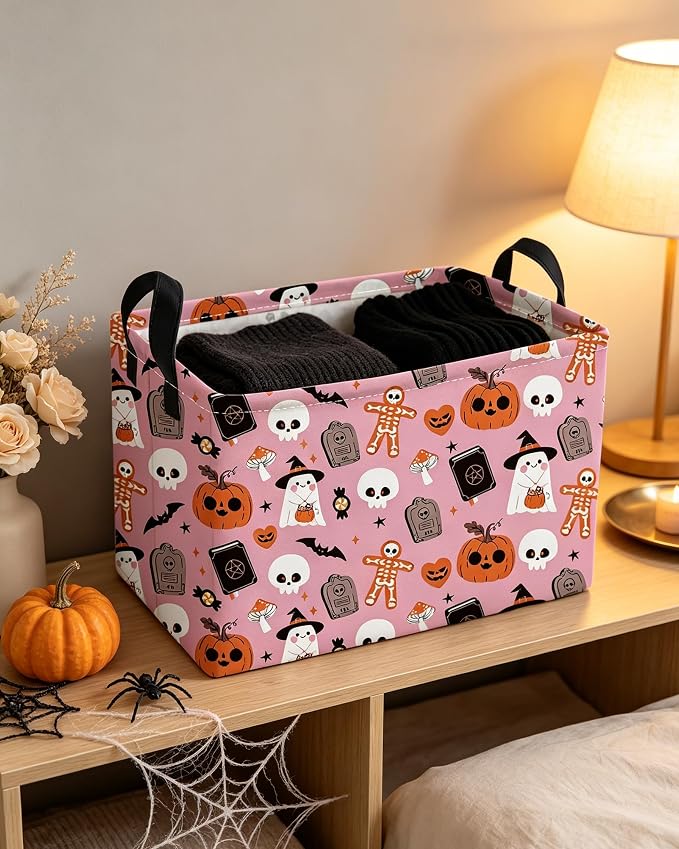 Essme Rectangular Halloween Basket,Pink Storage Bins Organizer with Handles for Room Decor, Gift Basket.(Magic Halloween)