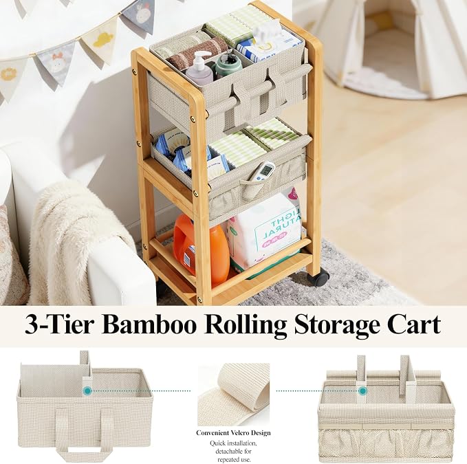 Bamboo Diaper Caddy Cart with Wheels - 3-Tier Rolling Storage，Beige | Removable bins, side pockets, sturdy handle, smooth wheels. For nursery, living room, laundry, pet. Natural bamboo, versatile