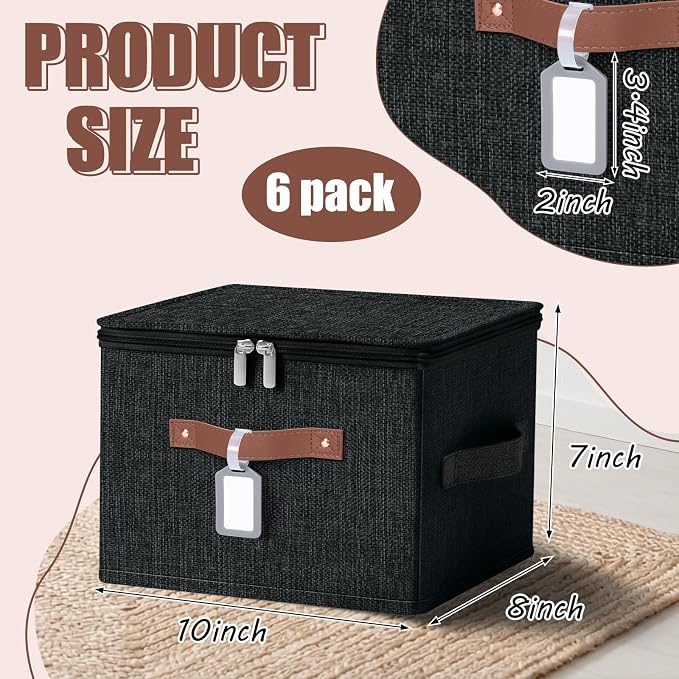 6 Pack Fabric Bins with Lids, 10 x 8 x 7 Inch Fabric Storage Bins with Zipper Lids and Labels, Decorative Foldable Storage Cubes with Handles for Closet Nursery Shelf Organization, Black