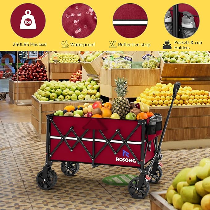 ROSONG Collapsible Wagon Cart with Wheels Foldable - Folding Utility Heavy Duty Wagons Carts for Grocery Sports Garden Shopping Camping Wheelbarrows (Burgundy, 150L)