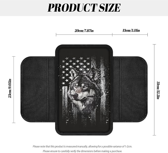 Howilath Car Console Cover, Arm Rest Cover for Car with Storage Pockets | Vintage Flag Wolf Elastic Strap Install, No Tools Needed, Washable, Protects Armrest from Pet Claws and Dirt