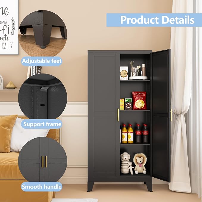 Black Kitchen Pantry Cabinets, 48" Metal Storage Cabinet for Office | Steel Kitchen Pantry Storage with Doors and 3 Adjustable Shelves, for Office, Home, Garage, School
