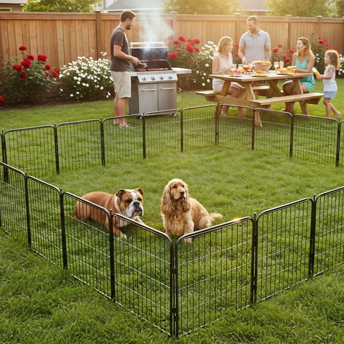 Outdoor Dog Playpen - 24 inch, 8 Panels for Small and Puppy Size Dogs - Heavy Duty Metal Pet Fence with Black Anti-Rust Coating - Portable Exercise Play Pen for RV, Camping, and Yard