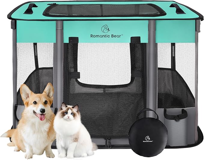 ROMANTIC BEAR Dog Playpen,Foldable Pet Puppy Cat Playpen,M(32"x24"x22") | Dog Crate with Upgrade Breathable Mesh and Durable 600D Oxford Cloth,Sturdy Dog Cage Indoor & Outdoor for Small Animals,Green