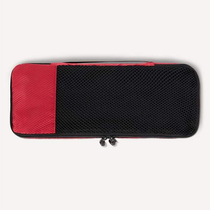 Amazon Essentials 4-Piece Space-Saving Packing Cubes Travel Accessories Set, Luggage Organizer with Double Zipper, Mesh Top, Polyester, Slim, Red (Previously Amazon Basics)
