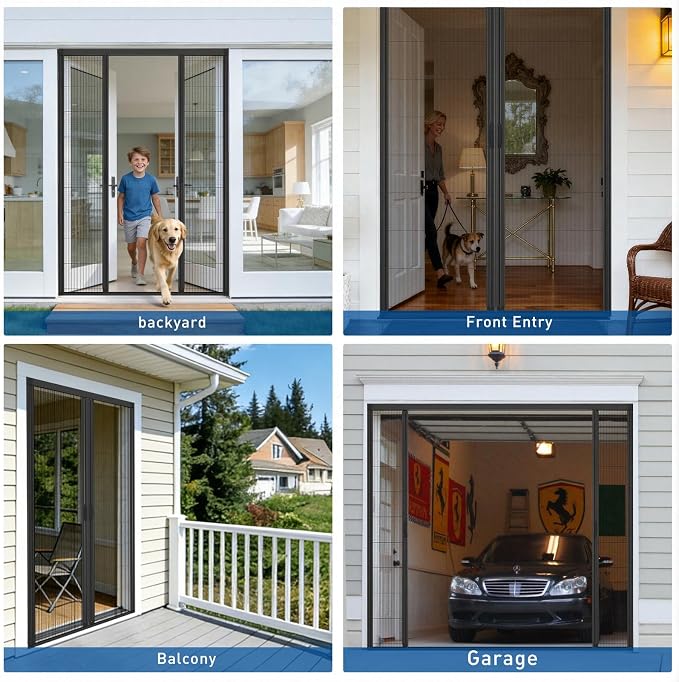 MAGZO Custom Heavy Duty Retractable Screen Door - Center Opening | Thick Removable Aluminum Frame, Tough PET Mesh, No-Drill Reversible for Balcony, Patio, Sliding Doors, Critter Block