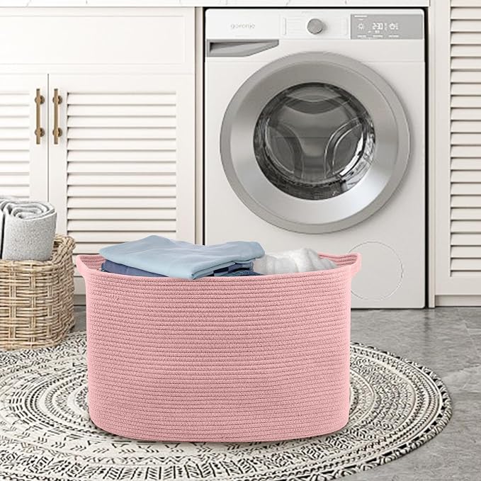 Extra Large Pink Storage Basket, 23.6" x 17" x 12" Rectangle Blanket Basket Living Room, Woven Cotton Rope Basket, Toy Basket Bins, Pink Baskets for Decor, Wicker Baby Laundry Basket