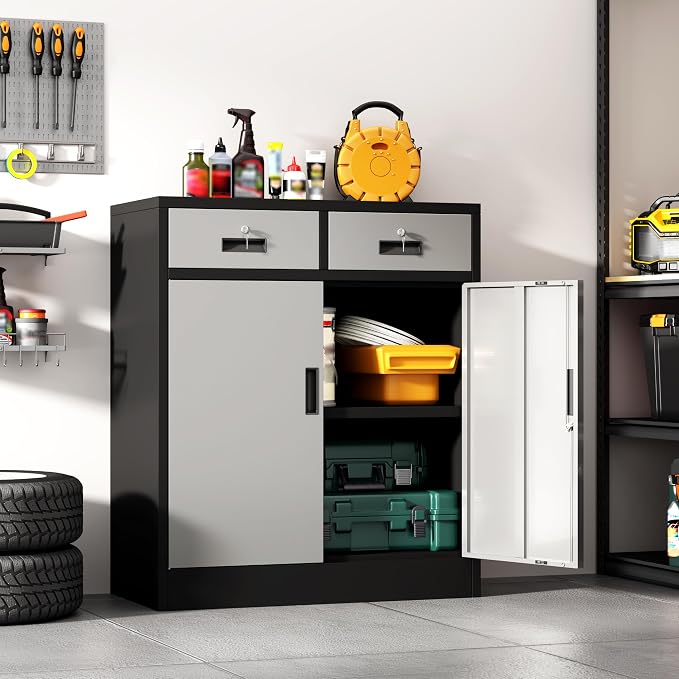 Wanfu Metal Storage Cabinet, 36" H Locking Storage Cabinet with 2 Drawers and Adjustable Shelf, Metal Cabinets for Office, Garage, Home-Black and Silver