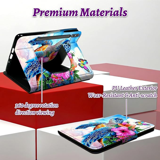 Rotating Handle Case for Samsung Galaxy Tab S8 Plus 2022/S7 FE 2021/S7 Plus 2020 12.4 Inch, 360 Degree Swivel Kickstand with Magnetic Closure Leather Protective Cover, Turtle Pink Flower