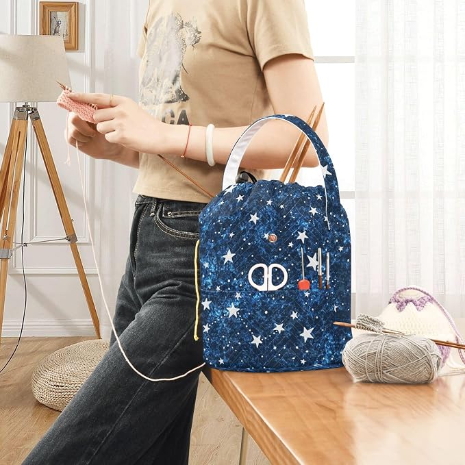 Tatenale Crochet Bag Yarn Bag Knitting Project Bag with Pockets and Handle Portable Yarn Storage Organizer Tangle Free 8.3x11 InchDark Blue Star33