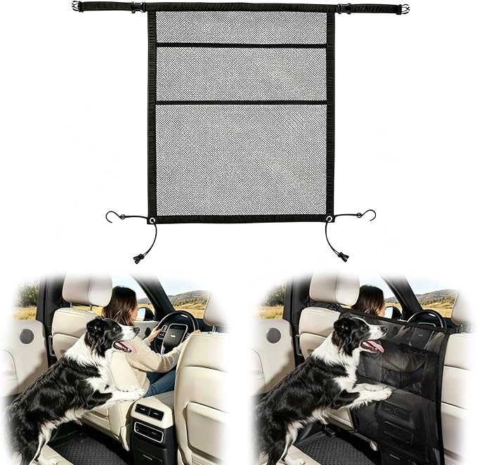 Dog Car Net Barrier, Dog Net for Car with Mesh Organizer | Universal Dog Car Barrier Fits Car/SUV/Truck/Van; Scratch-Resistant Mesh with Storage Pocket, Keeps Pets Safe in backseat
