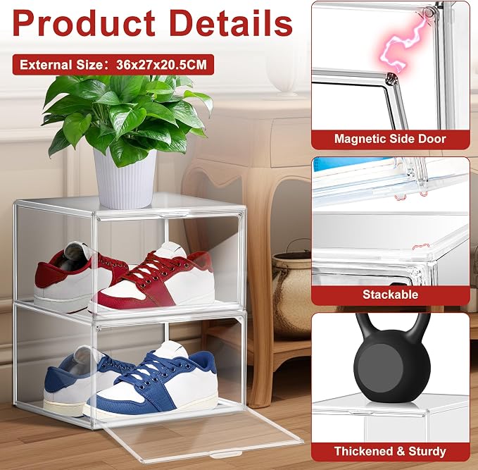 1 Pack Clear Plastic Shoe Boxes with Acrylic Magnetic Door, Size 12 | Shoe Storage Organizer for Closet, Stackable Shoes Rack Handbag Organizer Plastic Sneaker Storage Bin with Magnetic lids