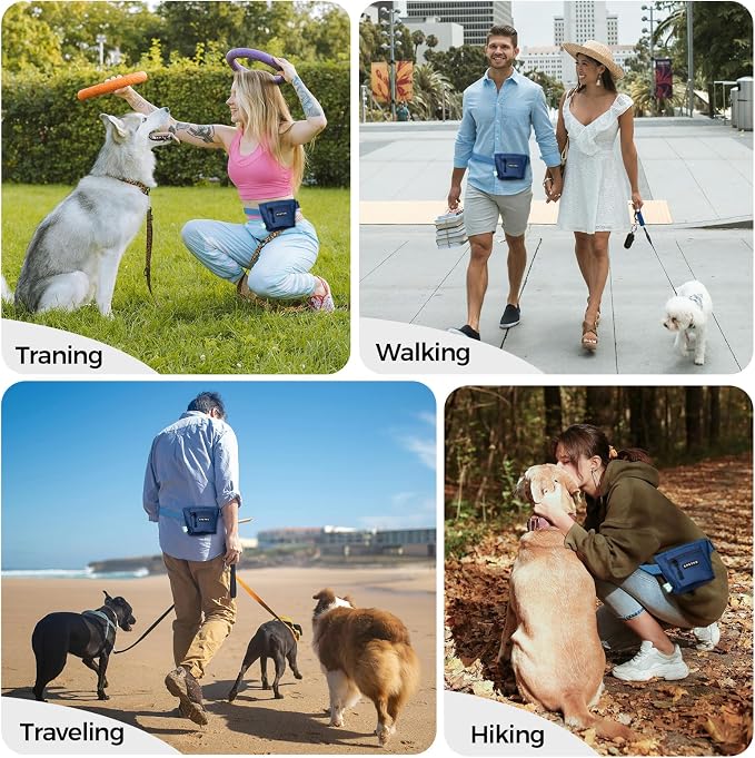 Dog Treat Pouch, Powerful Magnet Closure Device Dog Training Treat Bag Large Capacity Pet Treat Pouch with Poop Bag Dispenser Treat Bag for Dog Training with Metal Waistband Clip (Deep Blue)