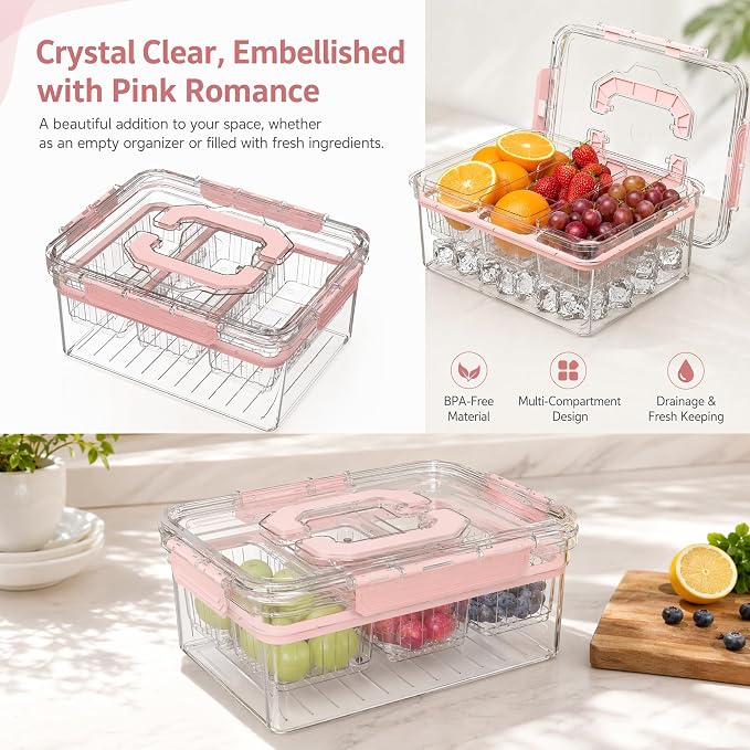 VECELO Bread Box with Slicer & Ice‑Chilled Condiment Caddy, Portable Airtight Bread Storage Container with Lid & Handle for Kitchen Counter, Pink