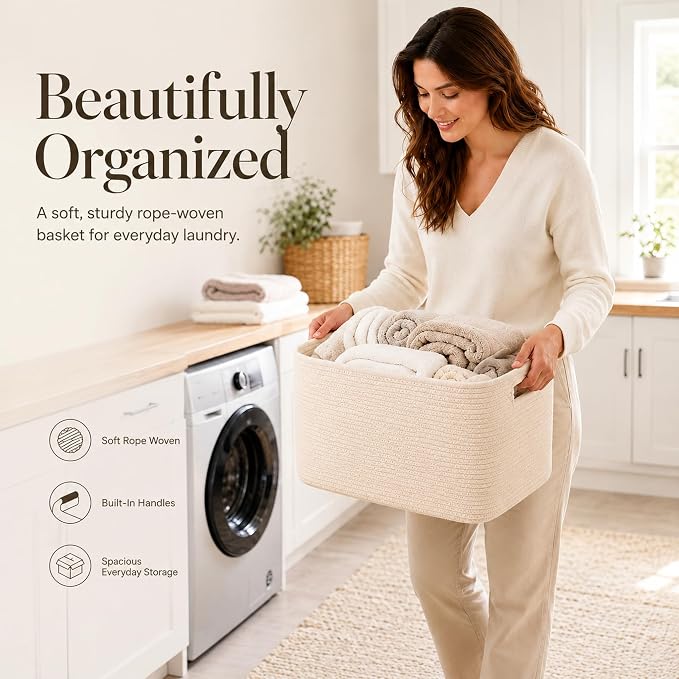 15.4GAL Woven Laundry Basket for Kids, Cute Boho Square storage basket for Living Room Decor, Baby Girls Boys Toys Stuffed Animal Decorative Short Hamper for Dirty Clothes, Bath Towel,Shoes Beige