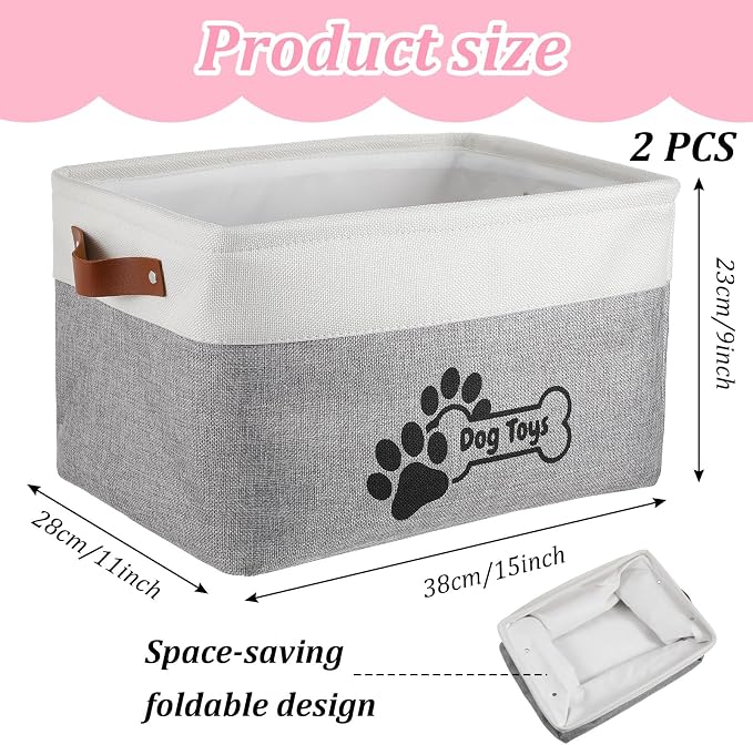 2-Pack Linen Toy Basket for Dogs, Foldable Dog Toy Storage Basket with Handles, Gray Organizer Bin for Pet Toys, Leashes, Blankets & Accessories (15x11x9 Inches)