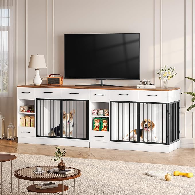 Dog Crate with Hidden Feeder Bowl & 3 Storage Drawers - 47.2" Wooden Dog Cage Indoor with Adjustable Shelf, 2 Doors Dog Kennel Furniture for Medium & Small Dogs, Multi-Functional Pet End Table
