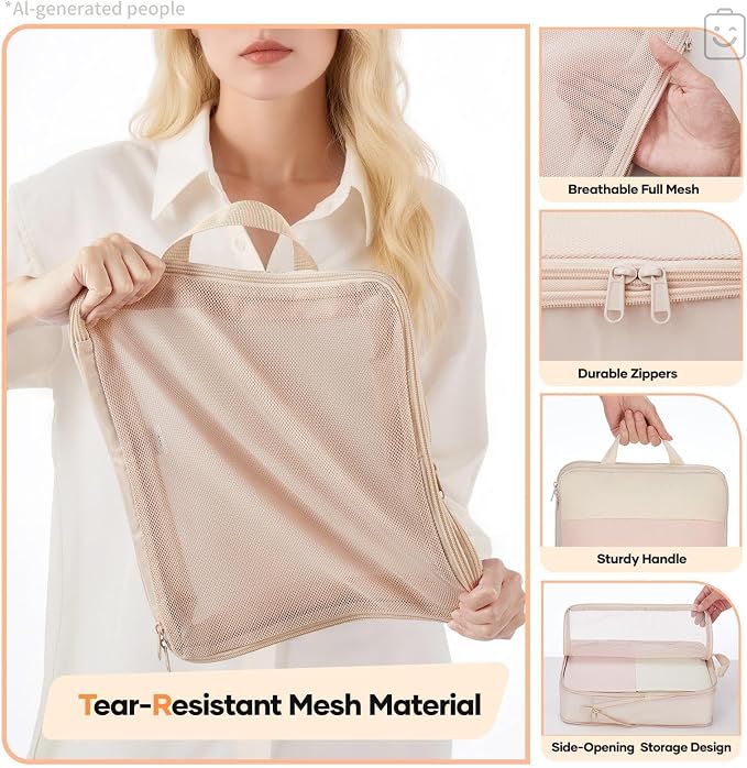 Veken 6/9/11 Set Compression Packing Cubes Garment Bags for Travel Essentials,Compressible Expandable Luggage Organizer Bags for Clothing,Space Saver Bags with Over 1000 pcs of Mesh Holes(Beige)