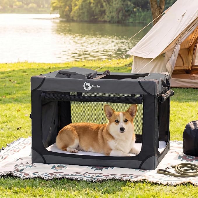 Portable Collapsible Soft Dog Crate for Medium Dogs, 30in Black | Oxford Cloth Travel Camping dog kennel with 4 Mesh Windows & 2 Storage Pockets,for Indoor & Outdoor Use