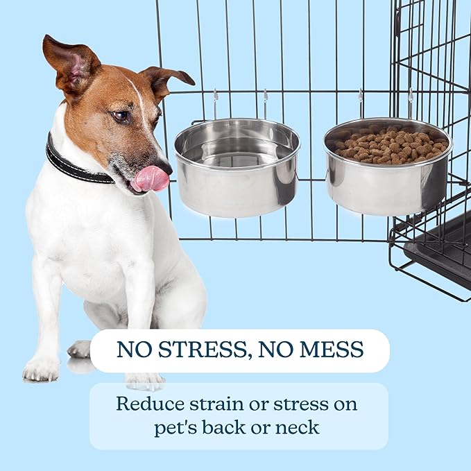 Set of 2 Stainless-Steel Dog Bowls - Cage, Kennel, and Crate Hanging Pet Bowls for Food and Water - 50.4oz or 6.3 Cups Each and Dishwasher Safe by PETMAKER
