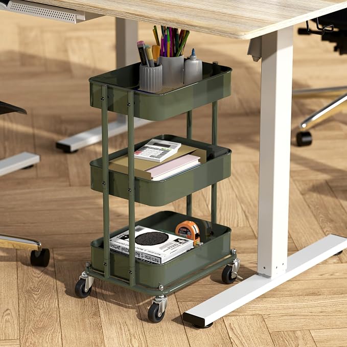 Simple Houseware 3-Tier Utility Cart, Low 24" Height Fits Under Desk, Green | Compact & Lower Height Great for Under-Desk Space-Saving Storage for Home Office, Dining Room, or Kitchen