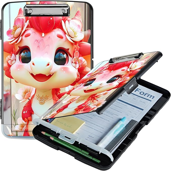 A4 Clipboard with Storage Pen Holder, Clipboards Organizer Nursing Clipboard Foldable File Folder Plastic Clipboard Folio Clip Board for Office Work Classroom Doctor, Pink Dragon