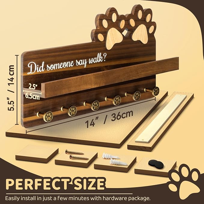 MTERSN Acacia Wood Dog Leash Holder for Wall with Wall Shelf, Dark Brown | 3D Dog Paw Key Holder, Wooden Wall Rack with 6 Key Hooks, Dog Leash Organizer, Rustic Entryway Decor, Perfect Dog Lovers Gift