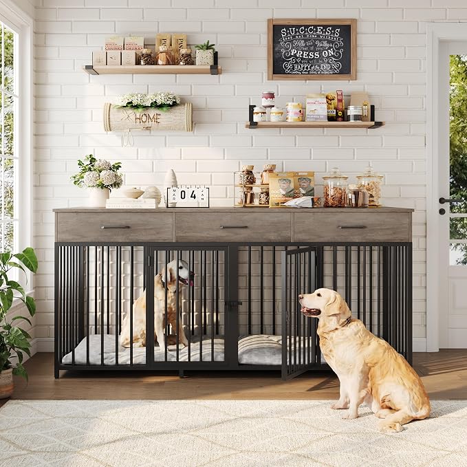 HOSTACK Double Dog Crate, 71" W Indoor Dog Kennel Furniture for 2 Dog, Grey | 3 Drawers for Easy Storage Heavy-Duty Cage, Removable Divider, Slide Bolt Latch, Modern Farmhouse Pet House for XL/XXL Dogs