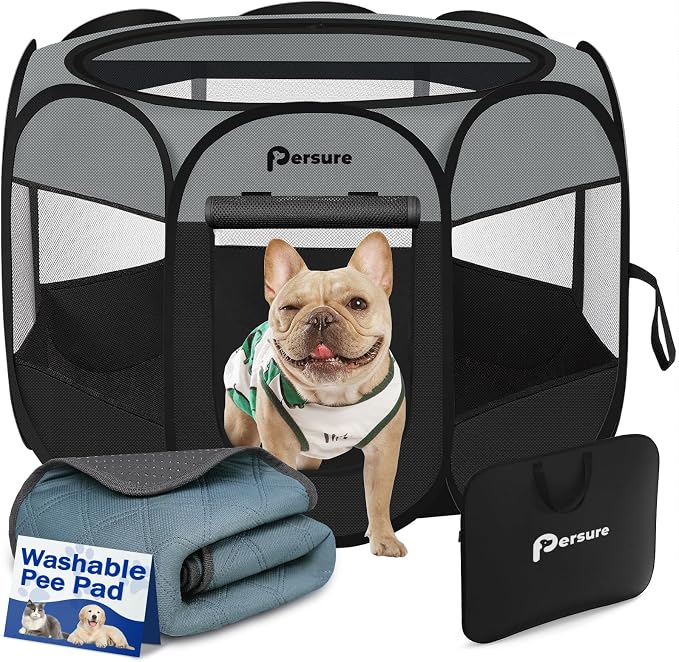 Persure Dog Cat Pet Playpen Puppy Crate Cage for Indoor Outdoor Travel | Nursing Rest Zone Recovering Pet Quarantine Room Portable Pop Up Easy to Set up lightweight Bag(Dark Grey with Pad,Small)
