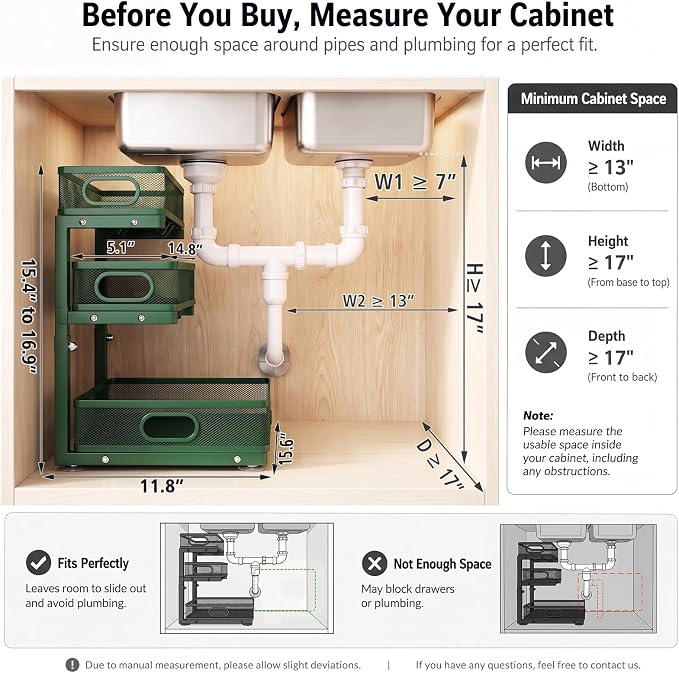 Under Sink Organizer, 3-Tier Sliding Drawers, 2-Pack Forest Green | 5 Height Adjustable, Pull Out Cabinet Storage Rack, Space Saving Metal Organizer for Kitchen, Bathroom, Laundry & Pantry
