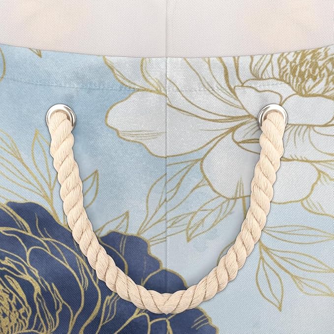 Large Storage Baskets - Blue Gold Peony Floral Nursery Organizer Bin Box with Handles Collapsible Round Laundry Hamper for Kids Toys Pet Blanket, Bedroom Living Room Home Decor Gift Basket