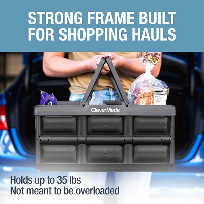 CleverMade Collapsible Shopping Basket, 32L Storage Crate, 3 Pack, Stone | Carry Bigger Grocery Hauls with Confidence | Rigid Walls Hold 35 lb, While Top and Side Handles Balance the Load