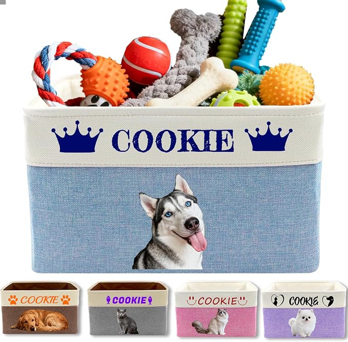Personalized Pet Toy Basket Custom Dog Toy Storage Organizer with Handles Customized Dog Basket Box with Name Photo Icon for Dogs Cats - Blue