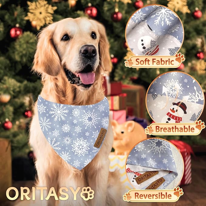 Christmas Snowman Dog Bandanas, 2-Pack Triangle Reversible Snowflakes Pet Scarves, Premium Fabric, Bandana for All Boys Girls Dogs (L, Style 3)