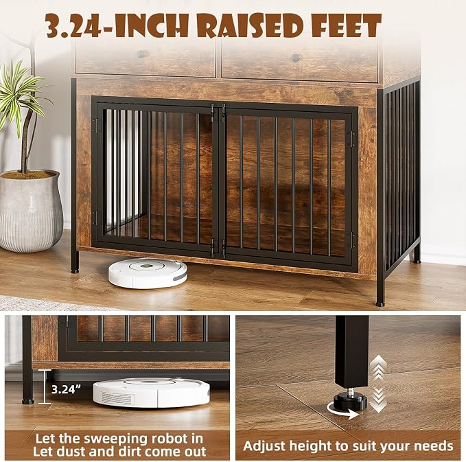 LEMBERI 44 Inch Large Wooden Dog Crate Furniture with 2 Storage Drawers, Decorative End Table Style Indoor Pet House for Dogs, Brown