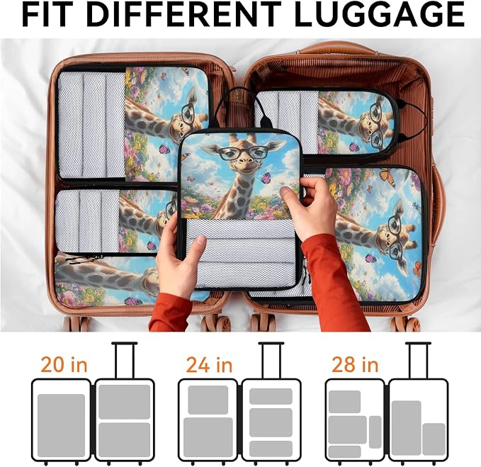 Giraffe 6 Set Compression Packing Cubes Cute Expandable Packing Organizer for Travel Accessories Luggage Suitcase Bag