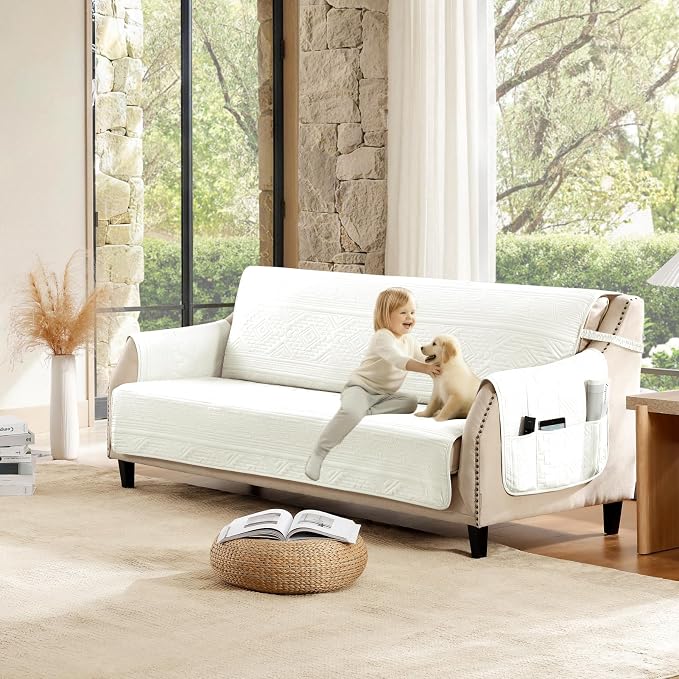 Boho Quilted Grand Sofa Couch Covers, Soft Cozy Couch Protector for 4 Cushion Couch, Pet-Friendly Couch Covers for Super LargeSofa, Oversized GrandSofa Slipcovers (Grand Sofa 88", White)