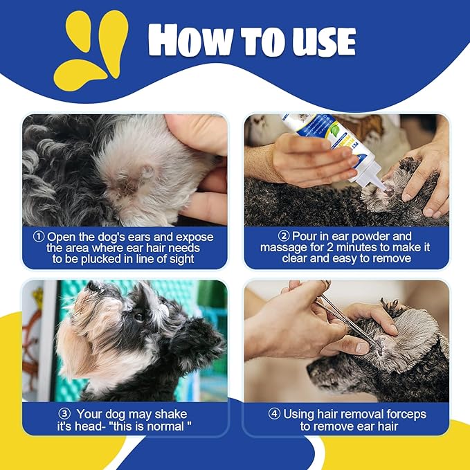 Upgraded Dog Ear Powder with 5.5 Inch Hair Removal Tool, Pet Ear Grooming Cleaner for Wax and Odor Control, Absorbs Moisture & Soothes Ears