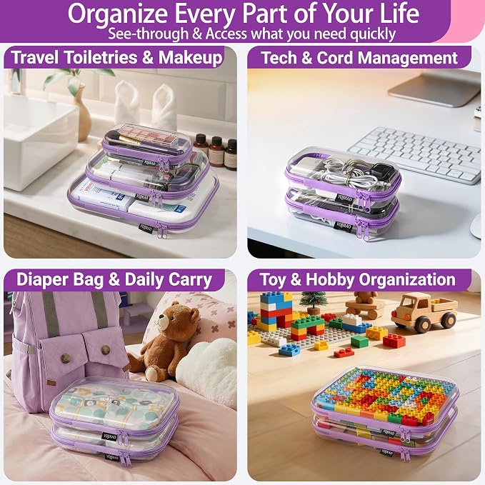 YQBRAO Clear Hard Shell Zipper Cases, 6 Multi-Size Organizers, Purple | Rigid clear shells in three practical sizes organize toiletries, cosmetics, cables, stationery and household essentials