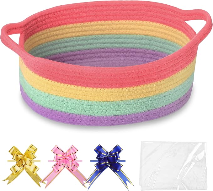 COMSE Empty Small Gift Basket with Bag & Ribbons, Rainbow | Cotton Rope, 12"x 8"x 5", Baby Toy Organizer, Stores Small Items for Bedrooms, Nurseries, Bathrooms, Living Rooms, Offices