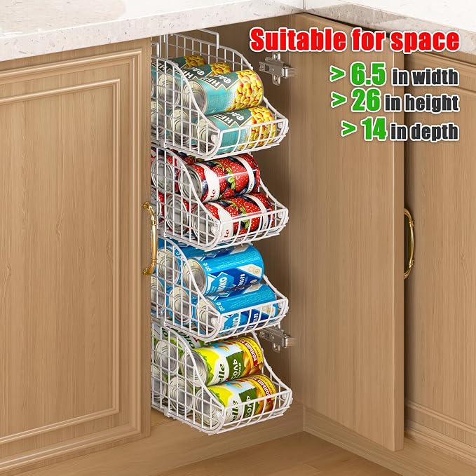 Sonyabecca 4-Pack Stackable Can Rack Organizer for Kitchen Pantry，White | Soda Can Organizer and Food Storage Dispenser for Pantry Cabinets. Foldable Wire Rack Keeps Canned Food Organized