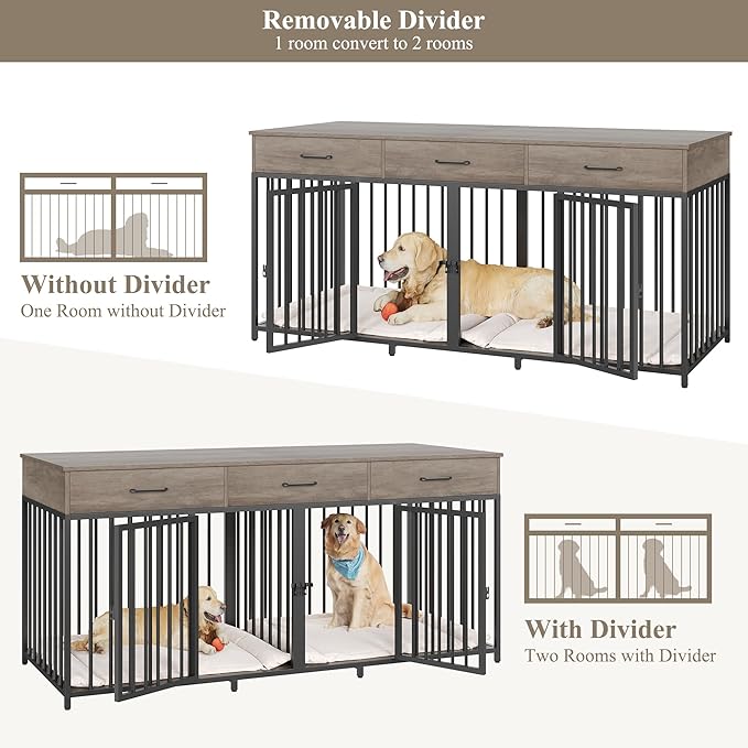 HOSTACK Double Dog Crate, 71" W Indoor Dog Kennel Furniture for 2 Dog, Grey | 3 Drawers for Easy Storage Heavy-Duty Cage, Removable Divider, Slide Bolt Latch, Modern Farmhouse Pet House for XL/XXL Dogs