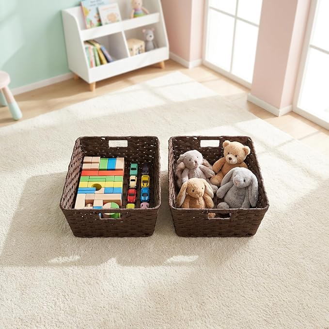 Large 2-Pack Plastic Wicker Storage Baskets, 17"x13"x5.5", Brown | onlytak Woven Baskets for Laundry, Closet, Living Room, Shelf Organization, Cat Bed
