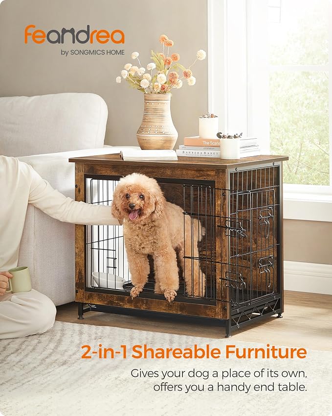Feandrea 27.2" Dog Crate Furniture, Indoor Dog Cage Side End Table, M Pet Wood Kennel for Medium and Small Dogs up to 30 lb with Multi-Purpose Removable Tray, Double-Door Pet House, Rustic Brown