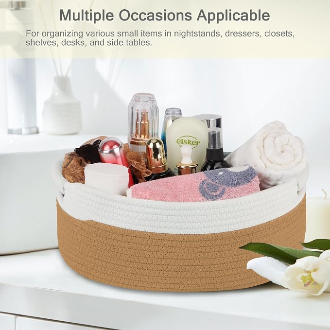 Small Woven Gift Basket with Bag & Ribbons, Camel | Cotton Rope, 13”x 9”x 5.5”, Fits for Kids, Women & Men, Bedroom, Living Room, Nursery & Bathroom Storage, Cat & Dog Toy Boxes