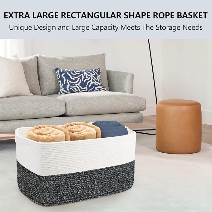 MEGASKET Extra Large Toy Box, 22" x 17" x 12" Rectangle Blanket Basket Living Room, Woven Cotton Rope Baskets for Storage, Soft Toy Storage Organizer Bin Chest, Kids Toy Box fo Living Room