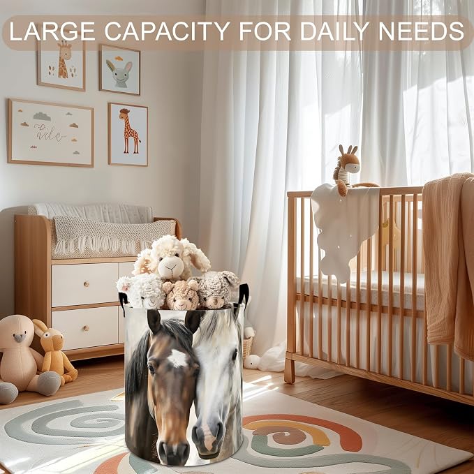 Horse Laundry Basket Hamper 19.7"x15.8", Horses Foldable Waterproof Oxford Clothes Storage Bucket for Room Bathroom Bedroom Nursery Decor, Toy Organizer Bins Gifts for Kids Boys Girls