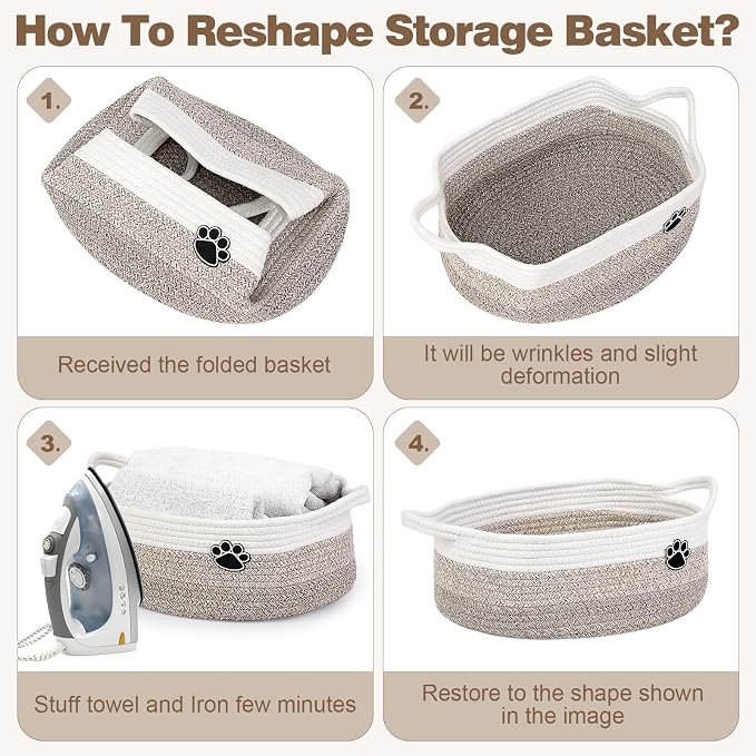 Optish 25L Dog Toy Basket,16.5" x 11" x 9" Medium Toy Storage Box and Bin with Handles, Woven Rope Foldable Basket for Blankets, Living Room, Bedroom, Home Decor, White & Brown
